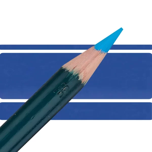 a derwent artists coloured pencil is seen in a close up ciming in from the left habd corner of the image. the tip is facing the right hand side top of the image. in a horizontal line. it has a green hamdle and a wooden end with the coloured tip. there are three horizontal stripes behind it that are the same colour as the nib of the pencil. on a white background