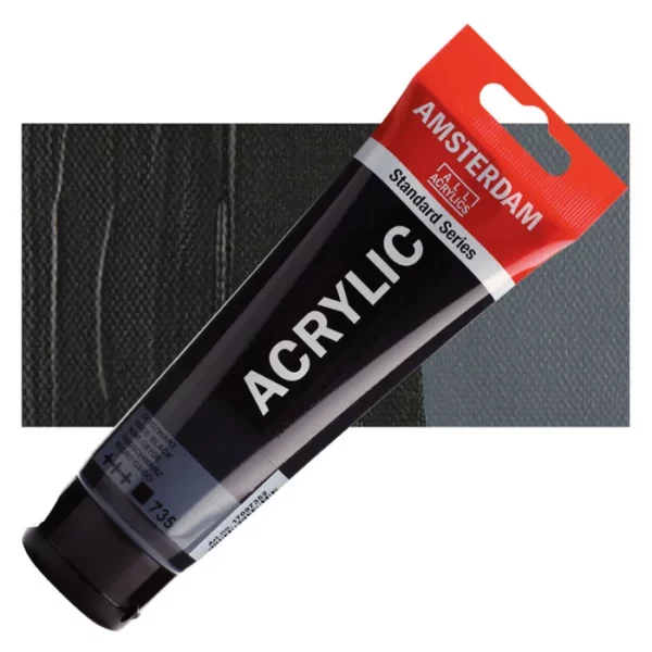 A single tube of Oxide Black Amsterdam Acrylic Paint 120ml is shown diagonally across the center of the frame. The tube is made of a clear plastic and has a red band at the end of the tube with a hole so it can hang. The tube has a black, plastic flip top cap, that the bottle stands on. There is black text on the body of the tube describing the product colour and details. The colour of the paint can be seen through the tube. There is a rectangular colour swatch of the paint, behind the tube. The swatch shows the colour in different gradient's. The image is center of the frame and on a white background.