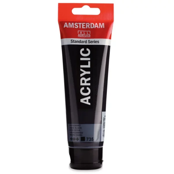 A single tube of Oxide Black Amsterdam Acrylic Paint 120ml is standing vertically in the center of the frame. The tube is made of a clear plastic and has a red band at the end of the tube with a hole so it can hang. The tube has a black, plastic flip top cap, that the bottle stands on. There is black text on the body of the tube describing the product colour and details. The colour of the paint can be seen through the tube. On a white background.