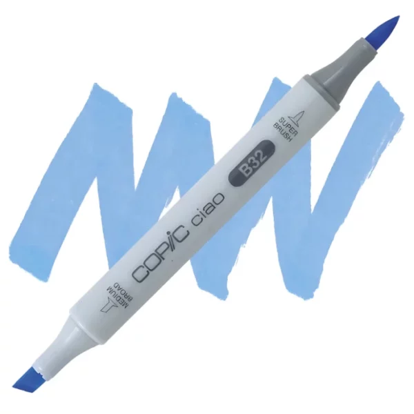 in the center of the image is a single copic marker that is sitting diagonally across the image. from left to right. it has a grey body and both caps are off showing the two different nibs, one brush at the top and the chisel tip at the bottom. it is sitting infront of a squiggle of the same colour as the marker on a white background