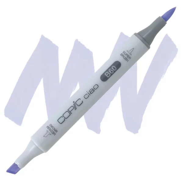 in the center of the image is a single copic marker that is sitting diagonally across the image. from left to right. it has a grey body and both caps are off showing the two different nibs, one brush at the top and the chisel tip at the bottom. it is sitting infront of a squiggle of the same colour as the marker on a white background