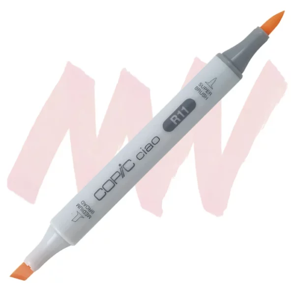 in the center of the image is a single copic marker that is sitting diagonally across the image. from left to right. it has a grey body and both caps are off showing the two different nibs, one brush at the top and the chisel tip at the bottom. it is sitting infront of a squiggle of the same colour as the marker on a white background