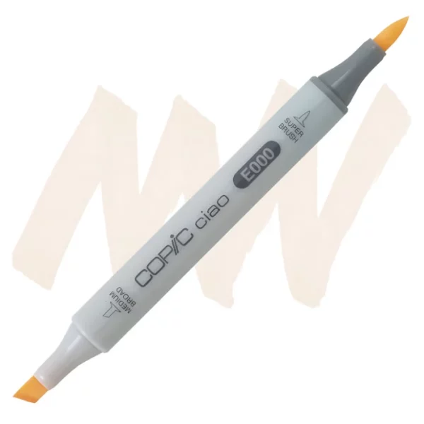 in the center of the image is a single copic marker that is sitting diagonally across the image. from left to right. it has a grey body and both caps are off showing the two different nibs, one brush at the top and the chisel tip at the bottom. it is sitting infront of a squiggle of the same colour as the marker on a white background