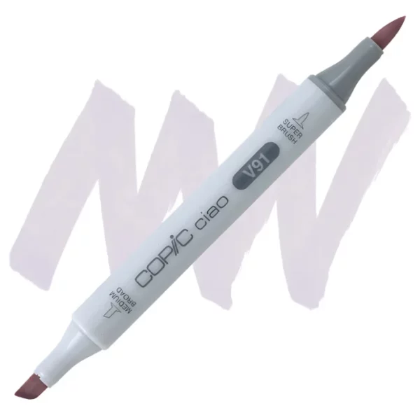 in the center of the image is a single copic marker that is sitting diagonally across the image. from left to right. it has a grey body and both caps are off showing the two different nibs, one brush at the top and the chisel tip at the bottom. it is sitting infront of a squiggle of the same colour as the marker on a white background