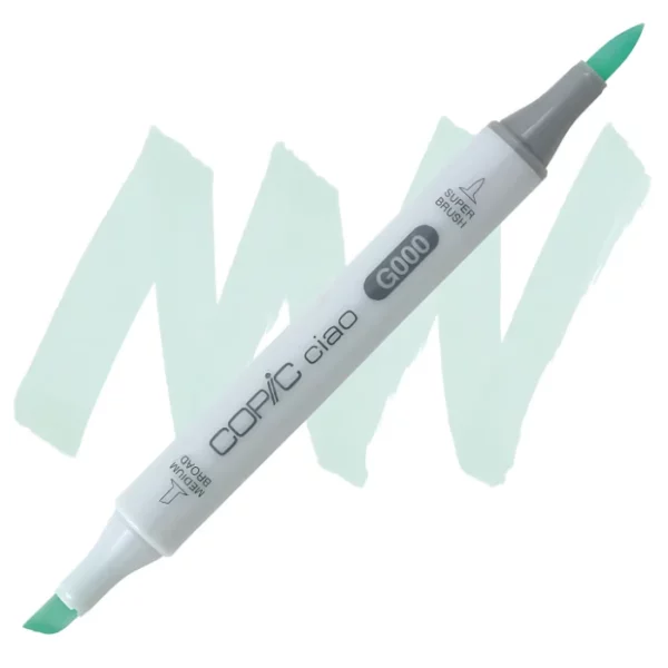 in the center of the image is a single copic marker that is sitting diagonally across the image. from left to right. it has a grey body and both caps are off showing the two different nibs, one brush at the top and the chisel tip at the bottom. it is sitting infront of a squiggle of the same colour as the marker on a white background