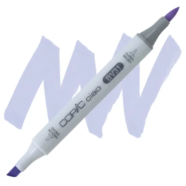 in the center of the image is a single copic marker that is sitting diagonally across the image. from left to right. it has a grey body and both caps are off showing the two different nibs, one brush at the top and the chisel tip at the bottom. it is sitting infront of a squiggle of the same colour as the marker on a white background