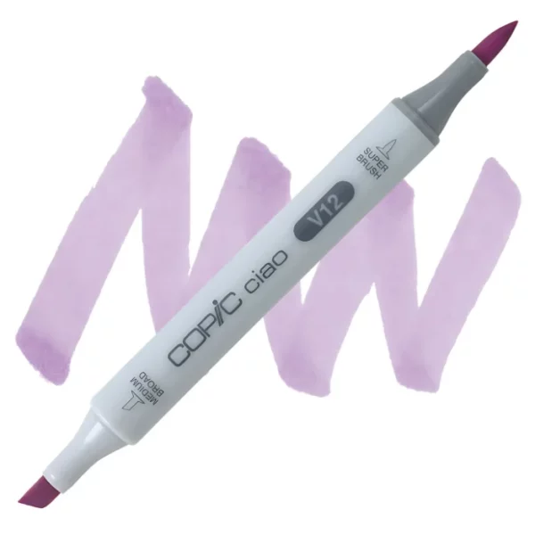 in the center of the image is a single copic marker that is sitting diagonally across the image. from left to right. it has a grey body and both caps are off showing the two different nibs, one brush at the top and the chisel tip at the bottom. it is sitting infront of a squiggle of the same colour as the marker on a white background