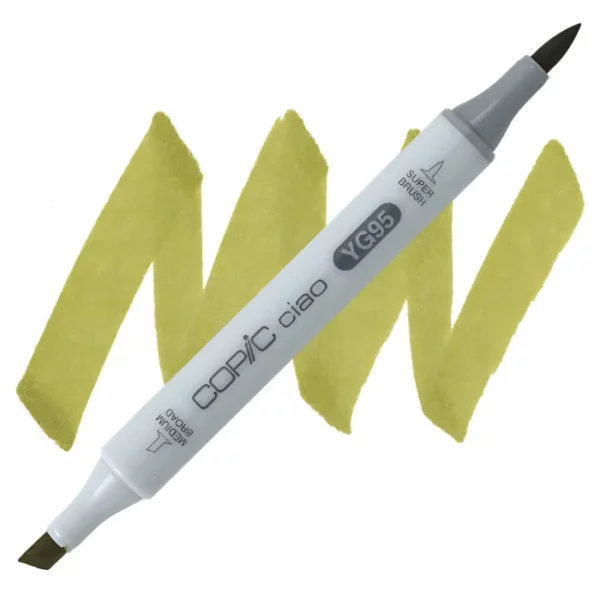 in the center of the image is a single copic marker that is sitting diagonally across the image. from left to right. it has a grey body and both caps are off showing the two different nibs, one brush at the top and the chisel tip at the bottom. it is sitting infront of a squiggle of the same colour as the marker on a white background