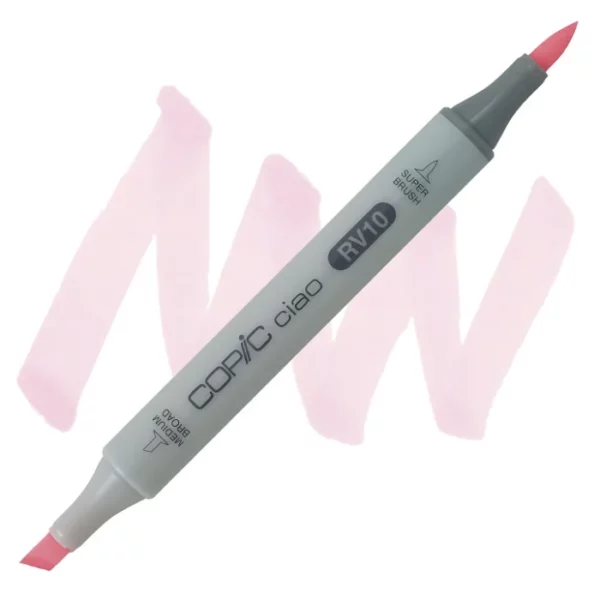 in the center of the image is a single copic marker that is sitting diagonally across the image. from left to right. it has a grey body and both caps are off showing the two different nibs, one brush at the top and the chisel tip at the bottom. it is sitting infront of a squiggle of the same colour as the marker on a white background