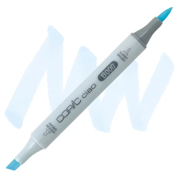 in the center of the image is a single copic marker that is sitting diagonally across the image. from left to right. it has a grey body and both caps are off showing the two different nibs, one brush at the top and the chisel tip at the bottom. it is sitting infront of a squiggle of the same colour as the marker on a white background