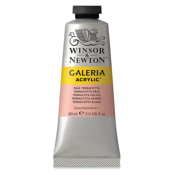 A single tube of Pale Terracotta Winsor and Newton Galeria Acrylic Paint 60ml is shown in the center of the frame, standing vertically. The tube is a silver colour and has a black, screw on, plastic lid. The Winsor and Newton logo is printed at the top of the tube and there is a yellow band across the tube, under the logo, with the words, 'Galeria Acrylic'. There is a band of colour below that which denotes the colour of the paint in the tube. There is text on this colour band, describing the colour and paint properties. The image is center of the frame and on a white background.