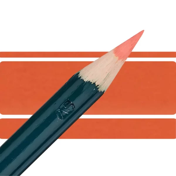 a derwent artists coloured pencil is seen in a close up ciming in from the left habd corner of the image. the tip is facing the right hand side top of the image. in a horizontal line. it has a green hamdle and a wooden end with the coloured tip. there are three horizontal stripes behind it that are the same colour as the nib of the pencil. on a white background