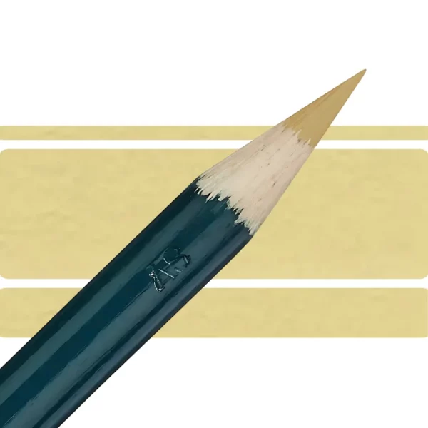 a derwent artists coloured pencil is seen in a close up ciming in from the left habd corner of the image. the tip is facing the right hand side top of the image. in a horizontal line. it has a green hamdle and a wooden end with the coloured tip. there are three horizontal stripes behind it that are the same colour as the nib of the pencil. on a white background