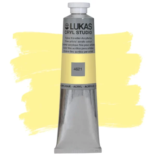 A single tube of Pastel Yellow Lukas Cryl STUDIO Acrylics 75ml is shown in the center of the frame, standing vertically. The tube is silver and has a colour band around the body of the tube that denotes the colour of the paint inside. The Lukas name and logo is printed at the top of the tube and there is black text below the logo that describes the paint. The tube has a white plastic, screw on lid. There is a paint swatch in the background that indicates the colour of the paint inside the tube. The image is center of the frame and on a white background.