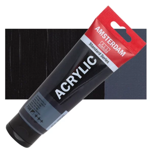 A single tube of Paynes Grey Amsterdam Acrylic Paint 120ml is shown diagonally across the center of the frame. The tube is made of a clear plastic and has a red band at the end of the tube with a hole so it can hang. The tube has a black, plastic flip top cap, that the bottle stands on. There is black text on the body of the tube describing the product colour and details. The colour of the paint can be seen through the tube. There is a rectangular colour swatch of the paint, behind the tube. The swatch shows the colour in different gradient's. The image is center of the frame and on a white background.