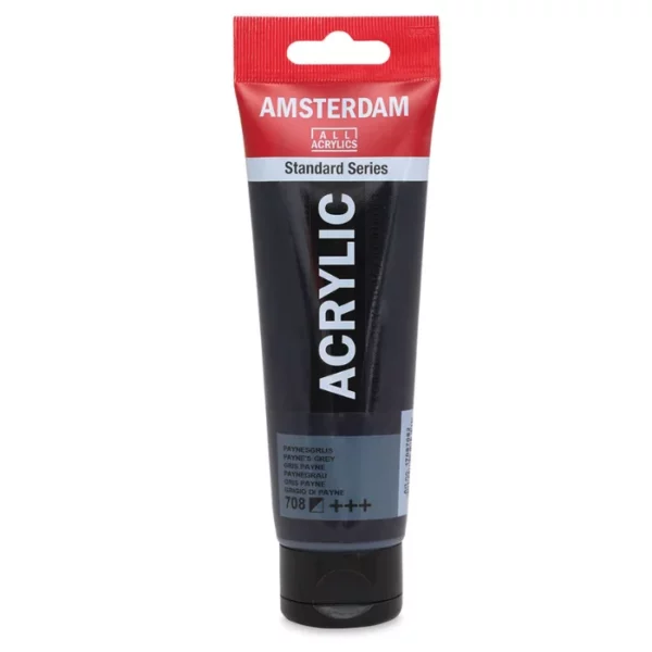 A single tube of Paynes Grey Amsterdam Acrylic Paint 120ml is standing vertically in the center of the frame. The tube is made of a clear plastic and has a red band at the end of the tube with a hole so it can hang. The tube has a black, plastic flip top cap, that the bottle stands on. There is black text on the body of the tube describing the product colour and details. The colour of the paint can be seen through the tube. On a white background.