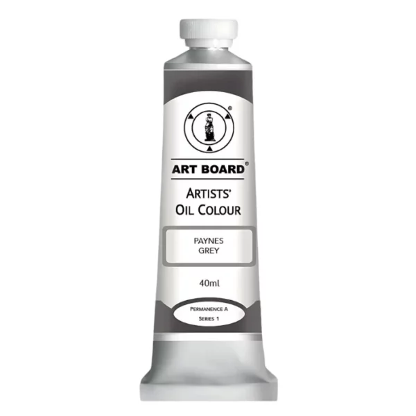 A tube of Paynes Grey Artboard Oil Paint 40ml is shown standing vertically in the center of the frame. The tube is silver and has a label around the body of the tube. Parts of the label are coloured, to denote the colour of the paint inside the tube. The artboard logo and name are printed at the top of the label and the colour and product details are printed below. The tube has a white plastic, screw on lid. On a white background.