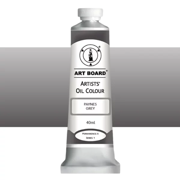 A tube of Paynes Grey Artboard Oil Paint 40ml is shown standing vertically in the center of the frame. The tube is silver and has a label around the body of the tube. Parts of the label are coloured, to denote the colour of the paint inside the tube. The artboard logo and name are printed at the top of the label and the colour and product details are printed below. The tube has a white plastic, screw on lid. A graded horizontal rectangle is seen in the background, this denotes the colour of the paint inside the tube. On a white background.