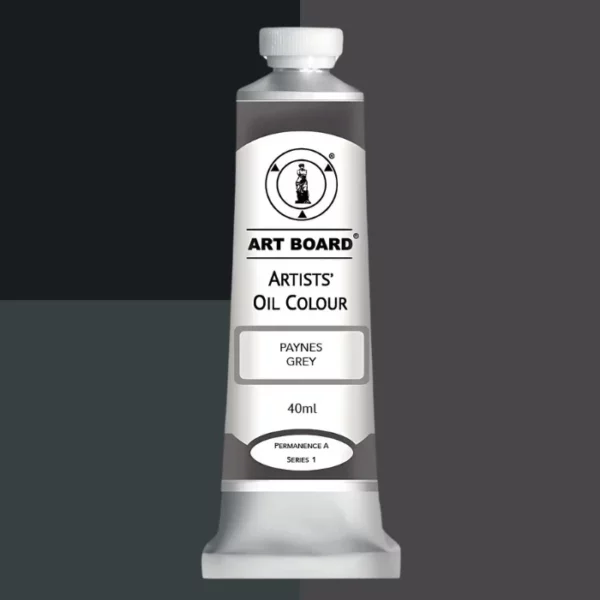 A tube of Paynes Grey Artboard Oil Paint 40ml is shown standing vertically in the center of the frame. The tube is silver and has a label around the body of the tube. Parts of the label are coloured, to denote the colour of the paint inside the tube. The artboard logo and name are printed at the top of the label and the colour and product details are printed below. The tube has a white plastic, screw on lid. Different shades of the paint colour are shown in the background in blocks, behind the tube.