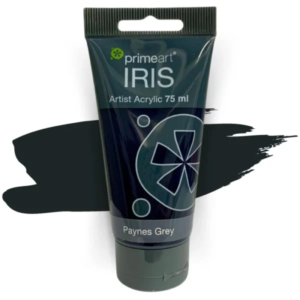 A single tube of Paynes Grey Prime Art Iris Acrylic Paint 75ml is shown in the frame. The tube is a clear plastic with a black printed band at the top of each tube that has the Prime Art Iris Logo printed on it. The tube has a black flip cap that the tube stands on. You can see the colour of the paint through the tube. On a white background.