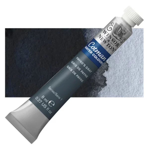 A single Paynes Grey Winsor and Newton Cotman Watercolour 8ml Tube is shown diagonally across the frame. The back of the tube is facing the bottom left hand corner of the frame and the lid of the tube is facing the top, right hand corner of the frame. The tube is silver and the Winsor and Newton logo is printed at the top of the tube. There is a blue band below the logo and the words 'Cotman Watercolour' are printed on the blue band in white. Then there is a large colour band around the base of the tube that denotes the colour of the paint. The tube colour and paint properties are indicated on this colour band in black text. The tube has a white, plastic screw on cap. There is a rectangular colour swatch behind the tube that shows how the colour works on a gradient scale. The entire image is center of the frame and on a white background.