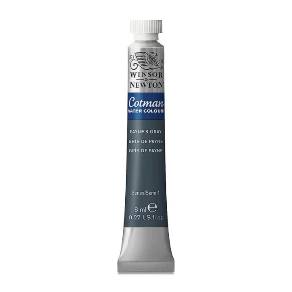 A single Paynes Grey Winsor and Newton Cotman Watercolour 8ml Tube is shown vertically in the center of the frame. The tube is silver and the Winsor and Newton logo is printed at the top of the tube. There is a blue band below the logo and the words 'Cotman Watercolour' are printed on the blue band in white. Then there is a large colour band around the base of the tube that denotes the colour of the paint. The tube colour and paint properties are indicated on this colour band in black text. The tube has a white, plastic screw on cap. The image is center of the frame and on a white background.