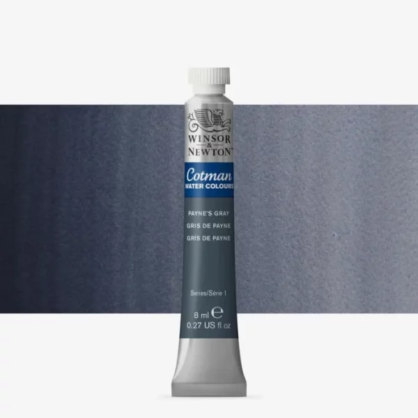 A single Paynes Grey Winsor and Newton Cotman Watercolour 8ml Tube is shown vertically in the center of the frame. The tube is silver and the Winsor and Newton logo is printed at the top of the tube. There is a blue band below the logo and the words 'Cotman Watercolour' are printed on the blue band in white. Then there is a large colour band around the base of the tube that denotes the colour of the paint. The tube colour and paint properties are indicated on this colour band in black text. The tube has a white, plastic screw on cap. There is a rectangular colour swatch behind the tube that shows how the colour works on a gradient scale. The entire image is center of the frame and on a white background.