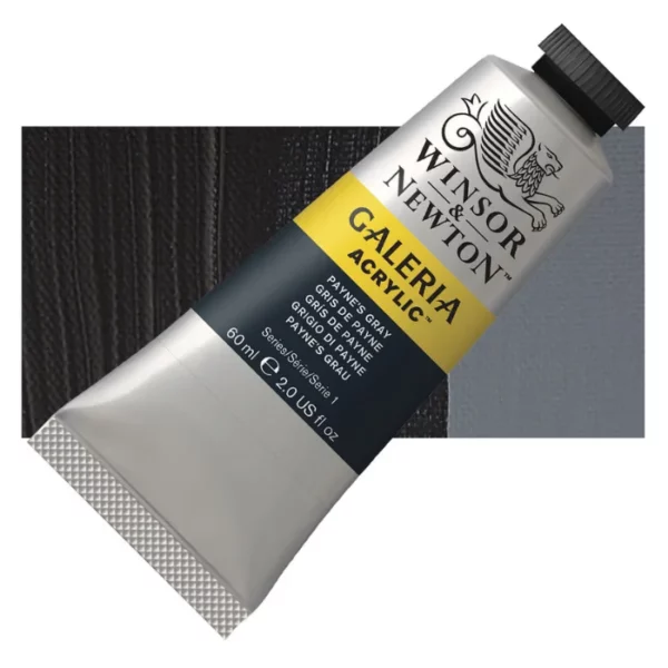 A tube of Paynes Grey Winsor and Newton Galeria Acrylic Paint 60ml is shown diagonally, across the center of the frame. The tube is a silver colour and has a black, screw on, plastic lid. The Winsor and Newton logo is printed at the top of the tube and there is a yellow band across the tube, under the logo, with the words, 'Galeria Acrylic'. There is a band of colour below that which denotes the colour of the paint in the tube. There is text on this colour band, describing the colour and paint properties. There is a rectangular colour swatch behind the tube that shows the colour of the paint. It lays horizontally across the top third of the frame. The image is center of the frame and on a white background.