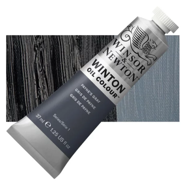 A tube of Paynes Grey Winsor and Newton Winton Oil Paint 37ml is shown diagonally, across the center of the frame. The tube is a silver colour and has a white screw on, plastic lid. The Winsor and Newton logo is printed at the top of the tube and there is a white band printed across the tube, below the logo, that has the words 'Winton Oil Colour' written on it. Below that is a colour band printed across the tube that has black text describing the product colour and paint properties. There is a rectangular colour swatch behind the tube that shows the colour of the paint. It lays horizontally across the top third of the frame. The image is center of the frame and on a white background.