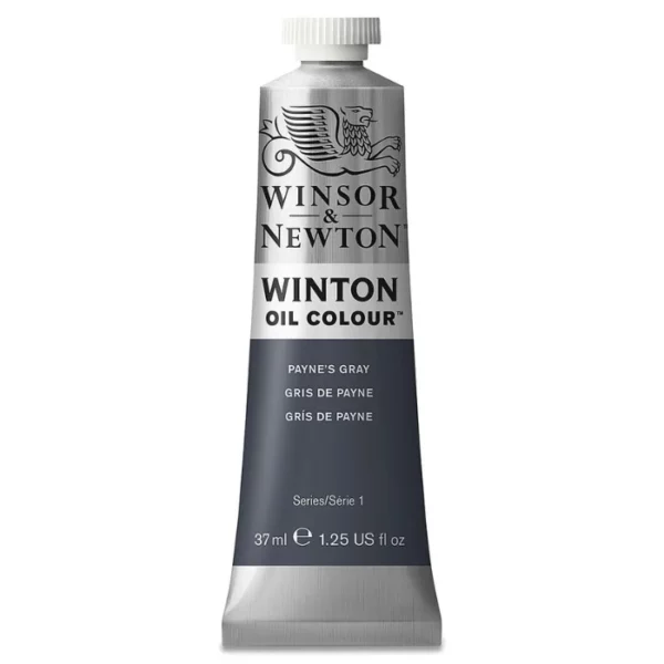 A single tube of Paynes Grey Winsor and Newton Winton Oil Paint 37ml is shown in the center of the frame, standing vertically. The tube is a silver colour and has a white screw on, plastic lid. The Winsor and Newton logo is printed at the top of the tube and there is a white band across the tube, under the logo, with the words, 'Winton Oil Colour'. There is a band of colour below that which denotes the colour of the paint in the tube. There is text on this colour band, describing the colour and paint properties. The image is center of the frame and on a white background.