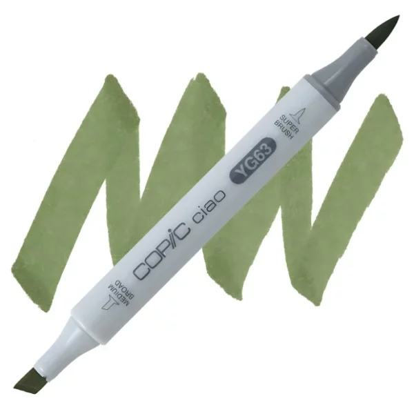 in the center of the image is a single copic marker that is sitting diagonally across the image. from left to right. it has a grey body and both caps are off showing the two different nibs, one brush at the top and the chisel tip at the bottom. it is sitting infront of a squiggle of the same colour as the marker on a white background