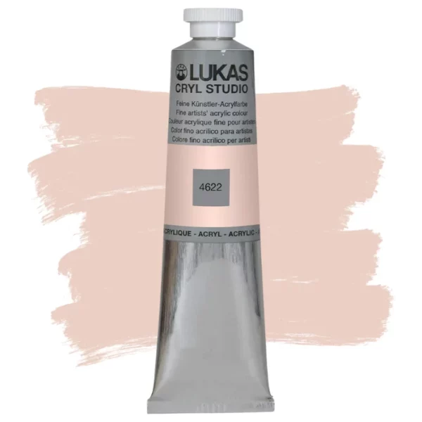 A single tube of Peach Pink Colour Lukas Cryl STUDIO Acrylics 75ml is shown in the center of the frame, standing vertically. The tube is silver and has a colour band around the body of the tube that denotes the colour of the paint inside. The Lukas name and logo is printed at the top of the tube and there is black text below the logo that describes the paint. The tube has a white plastic, screw on lid. There is a paint swatch in the background that indicates the colour of the paint inside the tube. The image is center of the frame and on a white background.