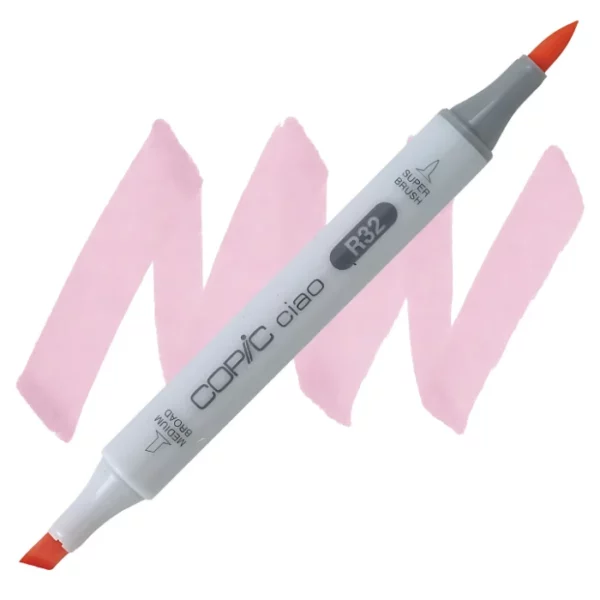 in the center of the image is a single copic marker that is sitting diagonally across the image. from left to right. it has a grey body and both caps are off showing the two different nibs, one brush at the top and the chisel tip at the bottom. it is sitting infront of a squiggle of the same colour as the marker on a white background