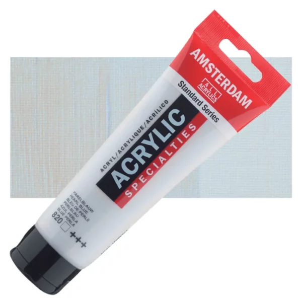 A single tube of Pearl Blue Amsterdam Acrylic Paint 120ml is shown diagonally across the center of the frame. The tube is made of a clear plastic and has a red band at the end of the tube with a hole so it can hang. The tube has a black, plastic flip top cap, that the bottle stands on. There is black text on the body of the tube describing the product colour and details. The colour of the paint can be seen through the tube. There is a rectangular colour swatch of the paint, behind the tube. The swatch shows the colour in different gradient's. The image is center of the frame and on a white background.