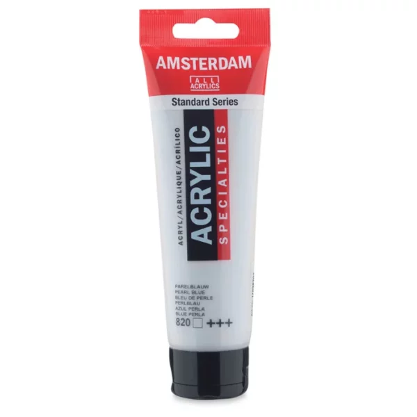 A single tube of Pearl Blue Amsterdam Acrylic Paint 120ml is standing vertically in the center of the frame. The tube is made of a clear plastic and has a red band at the end of the tube with a hole so it can hang. The tube has a black, plastic flip top cap, that the bottle stands on. There is black text on the body of the tube describing the product colour and details. The colour of the paint can be seen through the tube. On a white background.