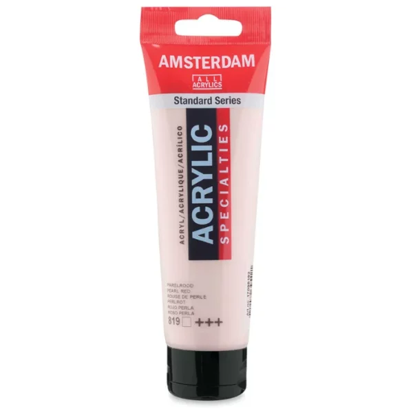 A single tube of Pearl Red Amsterdam Acrylic Paint 120ml is standing vertically in the center of the frame. The tube is made of a clear plastic and has a red band at the end of the tube with a hole so it can hang. The tube has a black, plastic flip top cap, that the bottle stands on. There is black text on the body of the tube describing the product colour and details. The colour of the paint can be seen through the tube. On a white background.