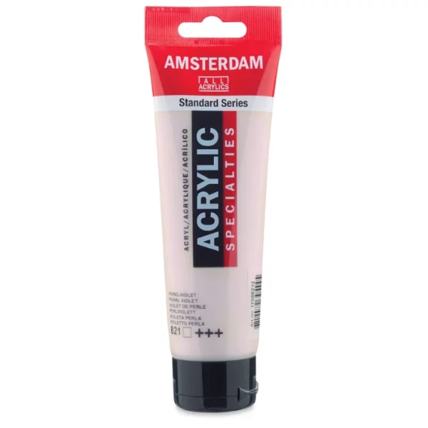 A single tube of Pearl Violet Amsterdam Acrylic Paint 120ml is standing vertically in the center of the frame. The tube is made of a clear plastic and has a red band at the end of the tube with a hole so it can hang. The tube has a black, plastic flip top cap, that the bottle stands on. There is black text on the body of the tube describing the product colour and details. The colour of the paint can be seen through the tube. On a white background.