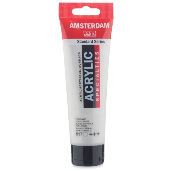 A single tube of Pearl White Amsterdam Acrylic Paint 120ml is standing vertically in the center of the frame. The tube is made of a clear plastic and has a red band at the end of the tube with a hole so it can hang. The tube has a black, plastic flip top cap, that the bottle stands on. There is black text on the body of the tube describing the product colour and details. The colour of the paint can be seen through the tube. On a white background.