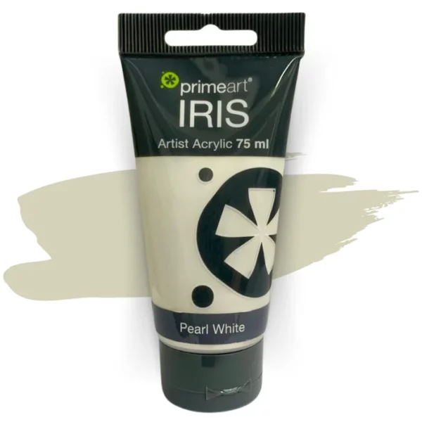 A single tube of Pearl White Prime Art Iris Acrylic Paint 75ml is shown in the frame. The tube is a clear plastic with a black printed band at the top of each tube that has the Prime Art Iris Logo printed on it. The tube has a black flip cap that the tube stands on. You can see the colour of the paint through the tube. On a white background.