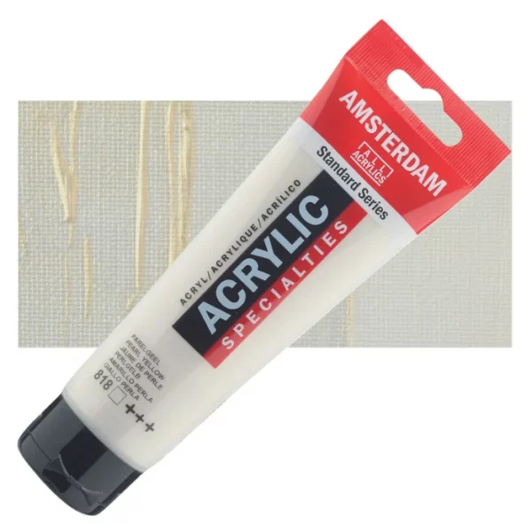 A single tube of Pearl Yellow Amsterdam Acrylic Paint 120ml is shown diagonally across the center of the frame. The tube is made of a clear plastic and has a red band at the end of the tube with a hole so it can hang. The tube has a black, plastic flip top cap, that the bottle stands on. There is black text on the body of the tube describing the product colour and details. The colour of the paint can be seen through the tube. There is a rectangular colour swatch of the paint, behind the tube. The swatch shows the colour in different gradient's. The image is center of the frame and on a white background.