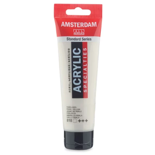 A single tube of Pearl Yellow Amsterdam Acrylic Paint 120ml is standing vertically in the center of the frame. The tube is made of a clear plastic and has a red band at the end of the tube with a hole so it can hang. The tube has a black, plastic flip top cap, that the bottle stands on. There is black text on the body of the tube describing the product colour and details. The colour of the paint can be seen through the tube. On a white background.