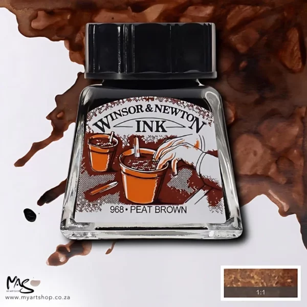 A single bottle of Peat Brown Winsor & Newton Drawing Ink can be seen in the center of the frame, with ink in the background, in the top right hand corner of the frame, flowing into the frame. The ink is the colour of the ink inside the bottle. The bottle is a clear glass bottle and so you can see the colour of the ink inside. There is a black, plastic screw on lid and a label stuck to the front of the bottle with the brand name and logo on it. There is a small rectangular colour block with a sample of the ink colour in a 1:1 ratio, in the bottom right hand corner of the frame.