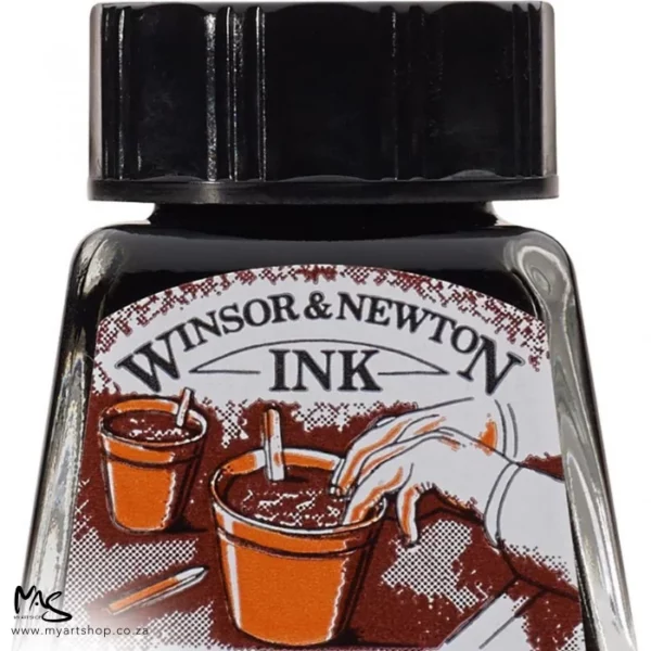 A close up of a single bottle of Peat Brown Winsor & Newton Drawing Ink. The bottom of the bottle is cut off by the frame. The bottle is clear glass so you can see the colour of the ink inside, with a black screw on plastic lid. There is a label on the front of the bottle with the brand logo.