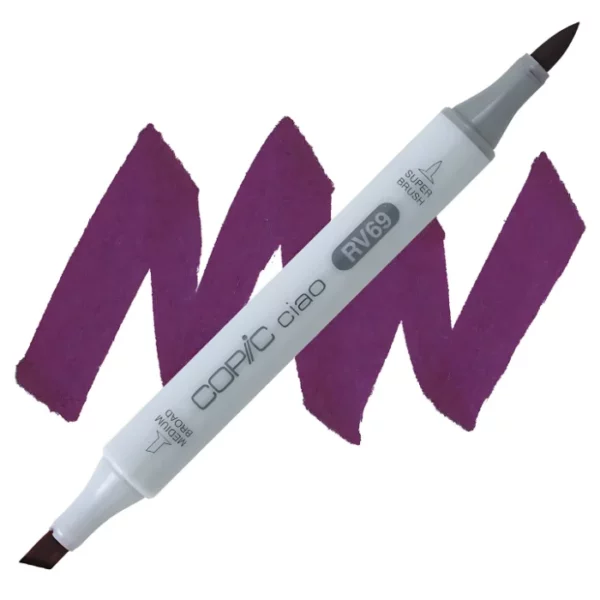 in the center of the image is a single copic marker that is sitting diagonally across the image. from left to right. it has a grey body and both caps are off showing the two different nibs, one brush at the top and the chisel tip at the bottom. it is sitting infront of a squiggle of the same colour as the marker on a white background