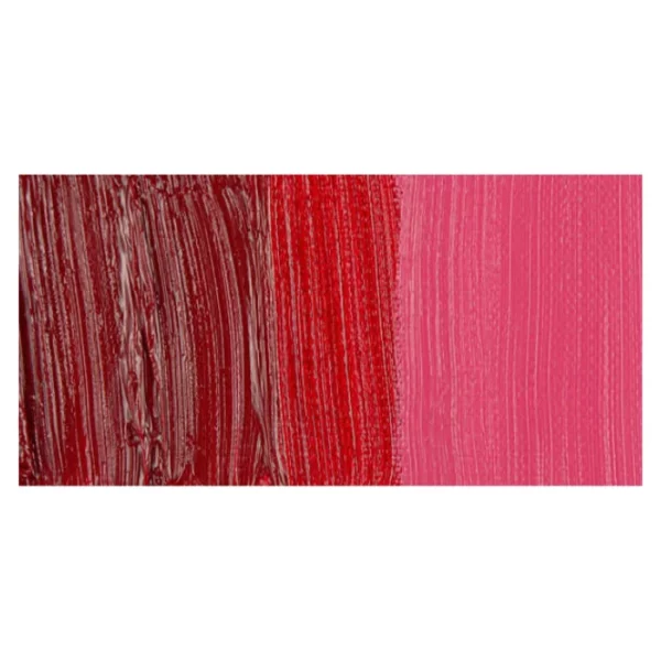 A rectangular colour swatch of Permanent Alizarin Crimson Winsor and Newton Winton Oil Paint is shown across the center of the frame. The colour swatch shows the tube colour in three gradients from left to right. On a white background.