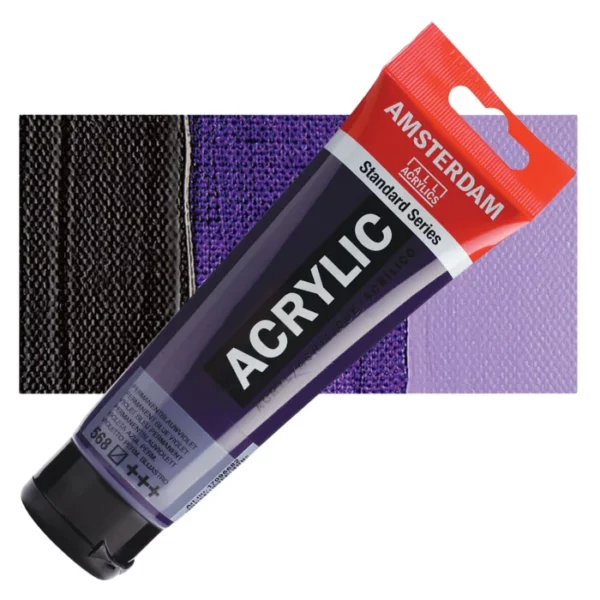 A single tube of Permanent Blue Violet Amsterdam Acrylic Paint 120ml is shown diagonally across the center of the frame. The tube is made of a clear plastic and has a red band at the end of the tube with a hole so it can hang. The tube has a black, plastic flip top cap, that the bottle stands on. There is black text on the body of the tube describing the product colour and details. The colour of the paint can be seen through the tube. There is a rectangular colour swatch of the paint, behind the tube. The swatch shows the colour in different gradient's. The image is center of the frame and on a white background.