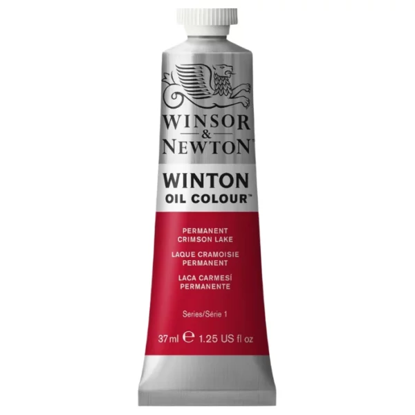 A single tube of Permanent Crimson Lake Winsor and Newton Winton Oil Paint 37ml is shown in the center of the frame, standing vertically. The tube is a silver colour and has a white screw on, plastic lid. The Winsor and Newton logo is printed at the top of the tube and there is a white band across the tube, under the logo, with the words, 'Winton Oil Colour'. There is a band of colour below that which denotes the colour of the paint in the tube. There is text on this colour band, describing the colour and paint properties. The image is center of the frame and on a white background.