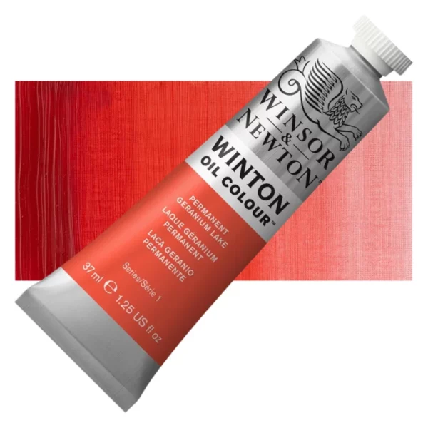 A tube of Permanent Geranium Lake Winsor and Newton Winton Oil Paint 37ml is shown diagonally, across the center of the frame. The tube is a silver colour and has a white screw on, plastic lid. The Winsor and Newton logo is printed at the top of the tube and there is a white band printed across the tube, below the logo, that has the words 'Winton Oil Colour' written on it. Below that is a colour band printed across the tube that has black text describing the product colour and paint properties. There is a rectangular colour swatch behind the tube that shows the colour of the paint. It lays horizontally across the top third of the frame. The image is center of the frame and on a white background.