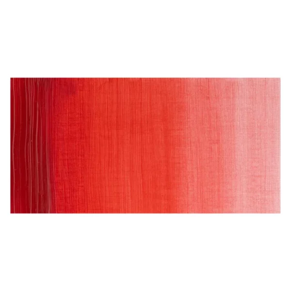 A rectangular colour swatch of Permanent Geranium Lake Winsor and Newton Winton Oil Paint is shown across the center of the frame. The colour swatch shows the tube colour in three gradients from left to right. On a white background.