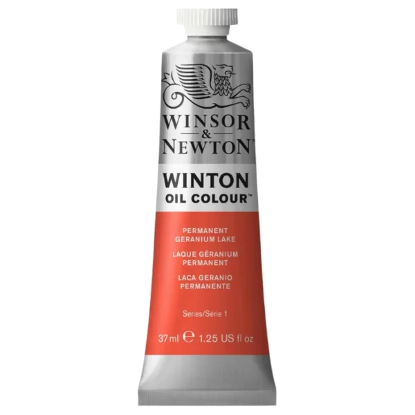 A single tube of Permanent Geranium Lake Winsor and Newton Winton Oil Paint 37ml is shown in the center of the frame, standing vertically. The tube is a silver colour and has a white screw on, plastic lid. The Winsor and Newton logo is printed at the top of the tube and there is a white band across the tube, under the logo, with the words, 'Winton Oil Colour'. There is a band of colour below that which denotes the colour of the paint in the tube. There is text on this colour band, describing the colour and paint properties. The image is center of the frame and on a white background.